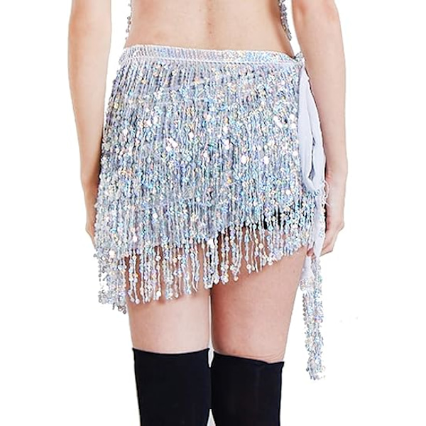 (Silver) Kvinnors paljett kjol tofs magdans scarf glänsande karneval tofs wrap kjol