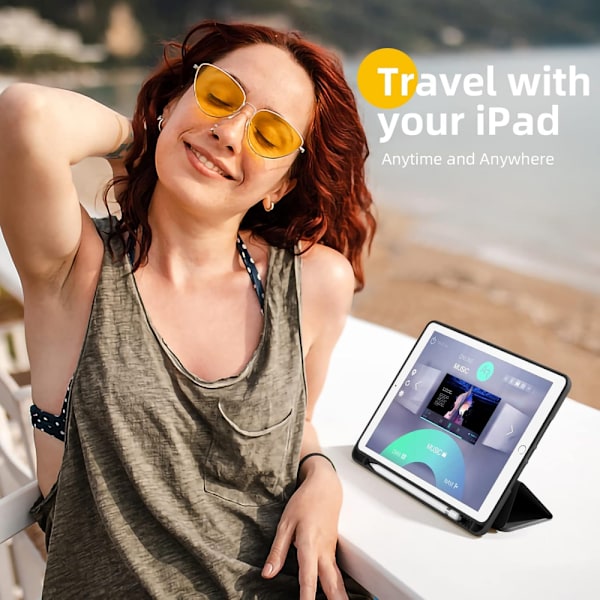 iPad-fodral för iPad 7:e/8:e/9:e generation svart med pennhållare, skyddsfodral med mjukt TPU-baksida