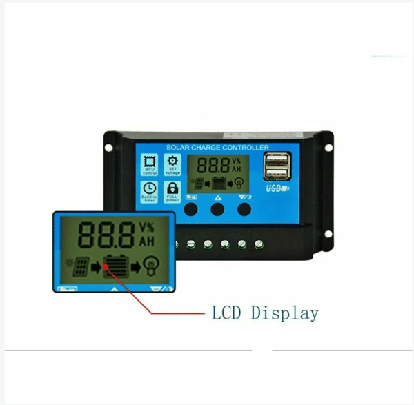 Solcelleladningsregulator, 12V/24V, 30A, LCD-skjerm, Dobbel USB