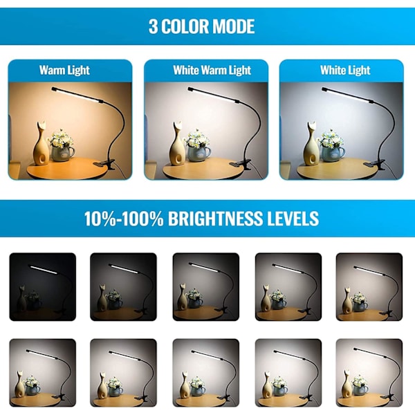 LED-klämma skrivbordslampa, 7W USB-klämma läslampa 360° flexibel svanhals
