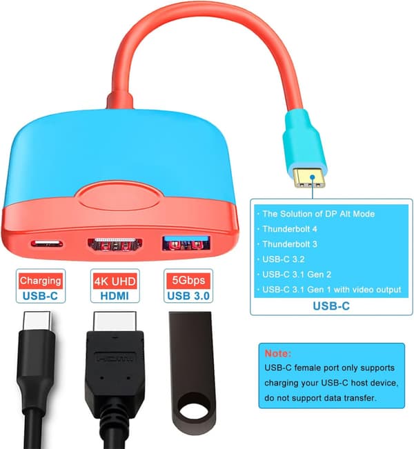 Portabel Switch-docka med HDMI-adapter (röd och blå), resedocka 3-i-1 Switch-dockningsstation Switch USB C till HDMI