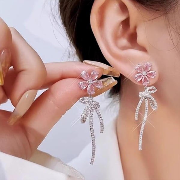 (Pink) Dame Blomster Øreringe Dinglende Sølv Sløjfe Øreringe Dinglende Hypoallergen Cubic Zirconia Tusindfryd Blomster Dråbe Øreringe Deli