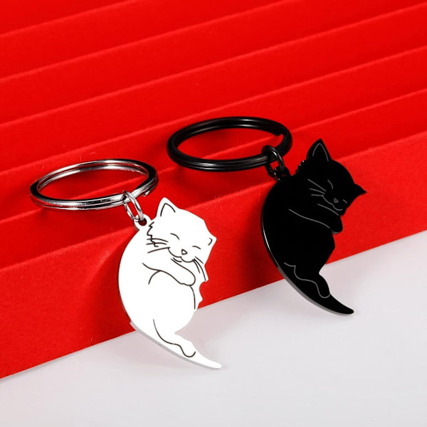 Nyckelring i rostfritt stål för par med matchande kattpussel – Alla hjärtans dag-present till honom, H