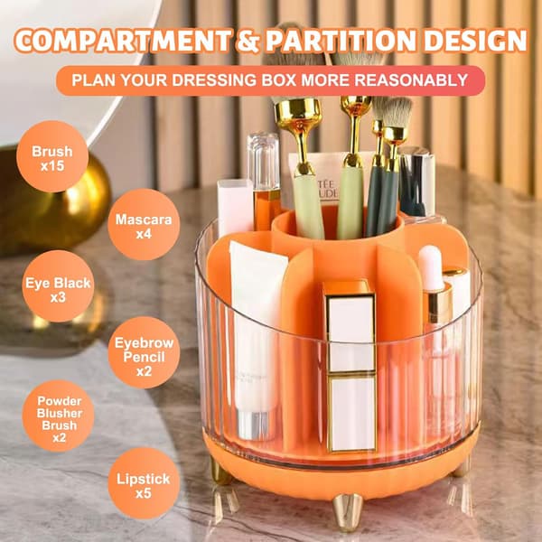 (Orange) 1 makeup børsteholder opbevaring, 360° roterende makeup børste opbevaring, transparent makeup opbevaring