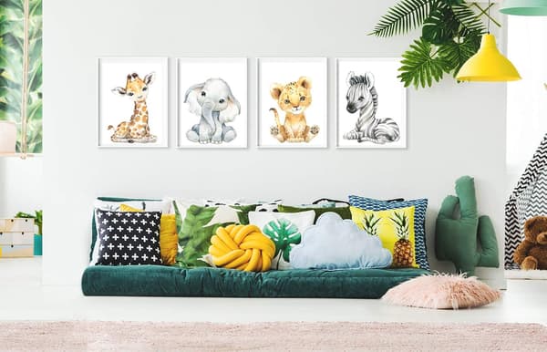 Sæt med 4 plakater til baby børneværelse - A4 format Tiger og g