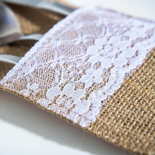20 stk. bestikkholder i burlap og blonder, bestikkpose for kniver