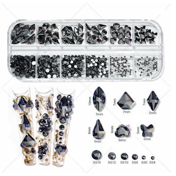 1 Æsker Sorte Negle Rhinestones med Fine Glitter Kit, Assorterede former Negle Ædelstene med S4-S16 Flatback Rund St