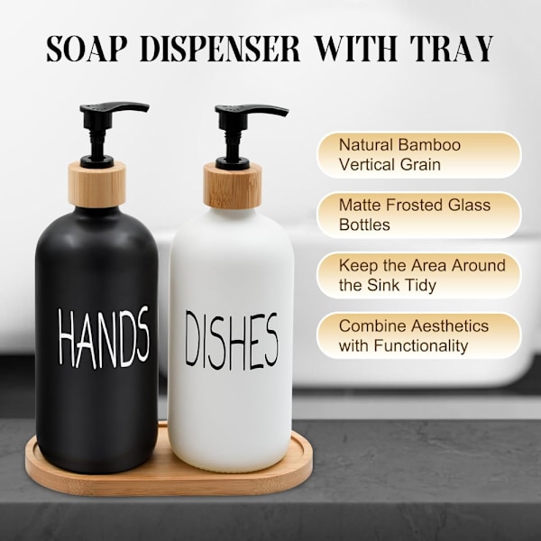 Sæbedispenser sæt med høj træbakke (sorte HÆNDER & hvide OPVASK), køkken sæbedispenser sæt, mat sæbedispenser sæt til hænder og opvask