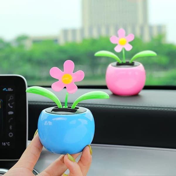 2 stk. Solcelledrevne Dansende Blomster, Bobble Head Bilpynt, Solcelledrevne