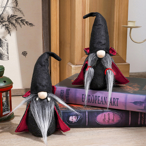 Halloween Gnome Plys Ornament, 2-Pack Håndlavet Sort Rød Cape Ga