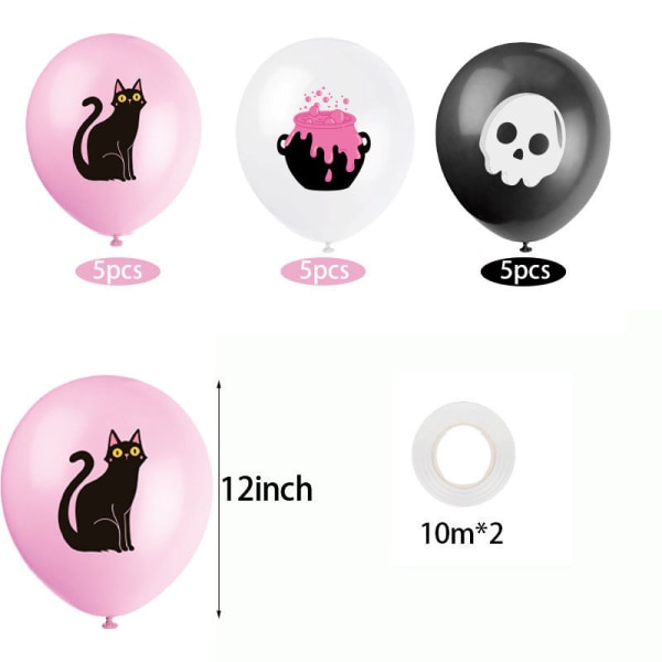 Vaaleanpunainen Skull Balloon Halloween-teemajuhlat Black Cat Banner Pull Fl