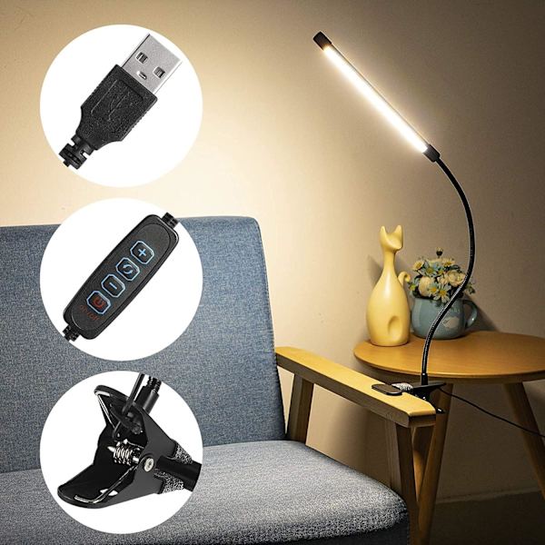 LED-klämma skrivbordslampa, 7W USB-klämma läslampa 360° flexibel svanhals