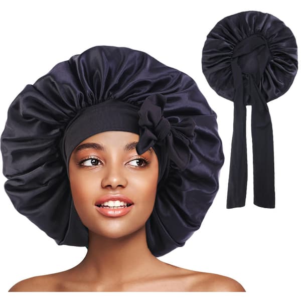 Satin Bonnet Silk Bonnet Hår Bonnet (hvid + guld + kongeblå) Jumbo Størrelse til Søvn