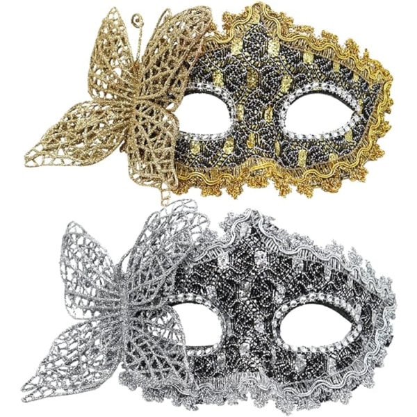 2 stycken sexiga fjärilsögonmasker, spetsmask, metallkarnevalmask