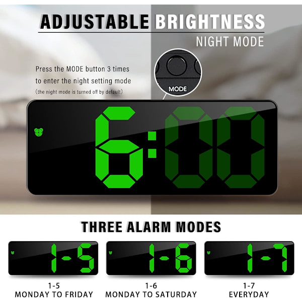 6,7\" LED-spegel Digital Klocka Sängbord Väckarklocka Morgon, Röst