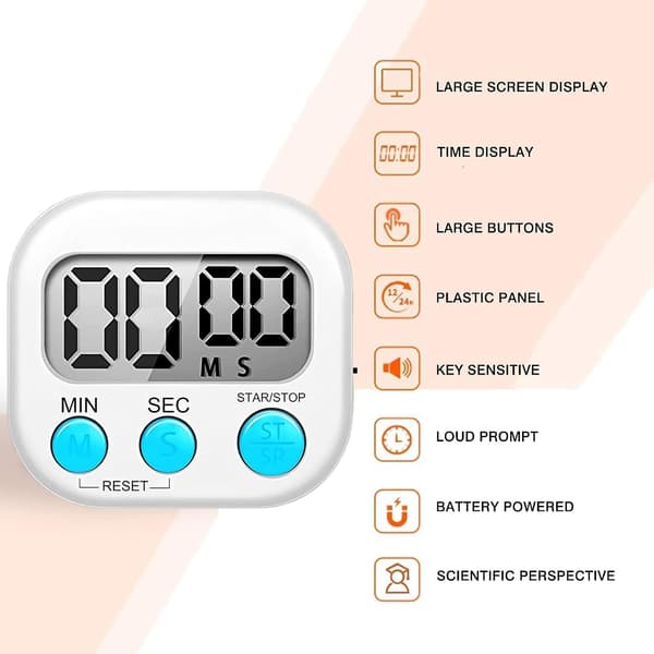 2 stk. Digital Køkken Timer med Magnet (Hvid), Desktop Høj Alarm