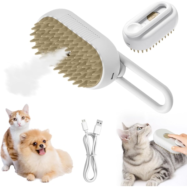 Kattedampbørste, 3 i 1 spraymassasjekam for katter, elektrisk dampbørste for kattehår, selvrensende kjæledyrpleiebørste (hvit）