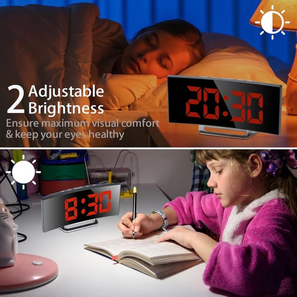 (Rød) Digitalt Vækkeur til Soveværelset, Moderne Buet Design Sengelampe, Perfekt til Dyb Søvn, 2 Lysstyrkeniveauer, Snooze, USB