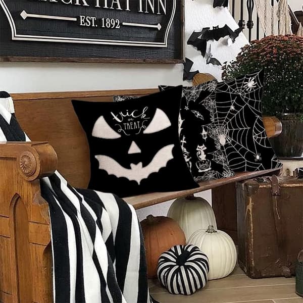 4 stk. 45*45 cm Sort Halloween Pudebetræk Græskar Grimasse Edderkoppespind Pudebetræk