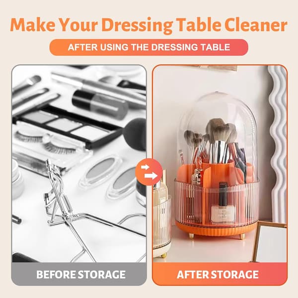 (Orange) 1 makeup børsteholder opbevaring, 360° roterende makeup børste opbevaring, transparent makeup opbevaring