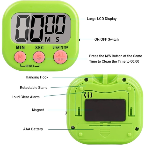 2 stk. Digital Køkken Timer med Magnet (Grøn), Desktop Høj Alarm