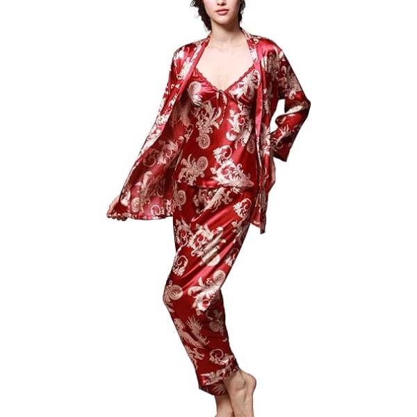 Langærmet silkepyjamas til kvinder Sexy Comfort Tredelt（vin vedr