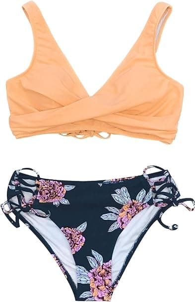 Dametøj Rynket Twist Bikini Sæt Blomsterprint Snøre Bikini Sæt 2