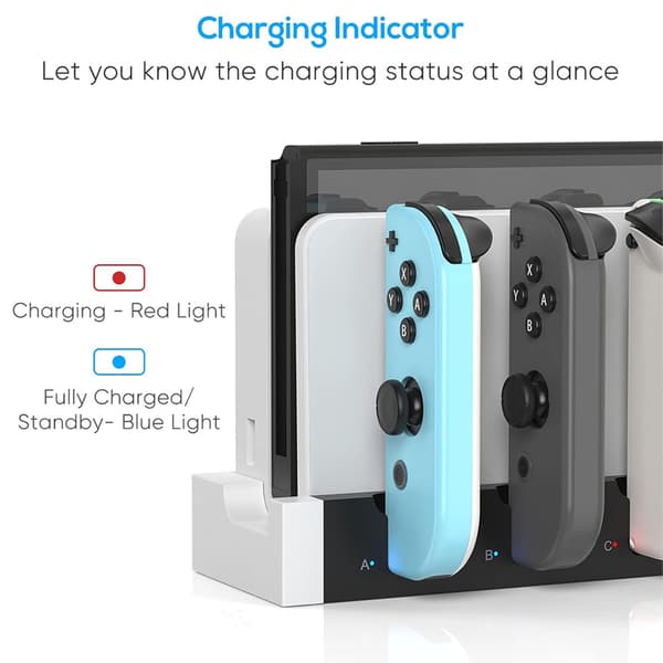 (Hvid og Sort) Opladningsstation til Joycon Nintendo Switch & OLED - Oplader op til 4 controllere, kompatibel med Switch og Switch OLED-model