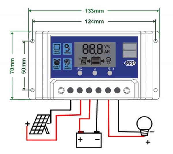 30A Solar Opladningsregulator, 12V/24V Solar Panel Opladningsregulator med 5V Dobbelt USB Port Display Justerbar Parameter LCD Display