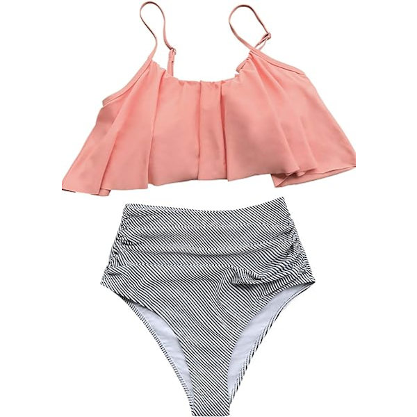 Dam Bandeau Bikini Rynkad Vikt Hög Midja Randig Baddräkt