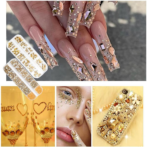 1 Æsker Champagne Negle Rhinestones med Fine Glitters Kit, Assorterede former Negle Ædelstene med S4-S16 Flatback Roun