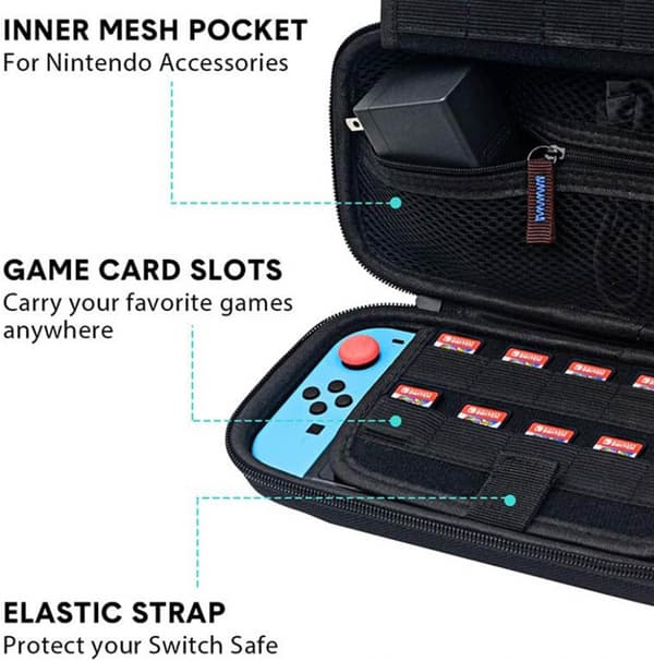 Nintendo Switch Spilletui (Sort Lynlås), Ninetendo Switch Oled Etui med 20 Kortpladser, Switch Tilbehør