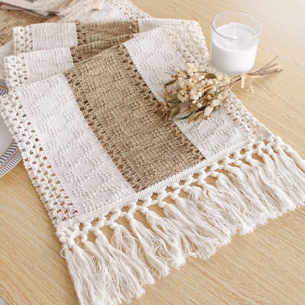 Krämig och brun Boho bordslöpare 72 tum lång bondgård rustik bordslöpare Macrame Burlap höst bordsdekoration