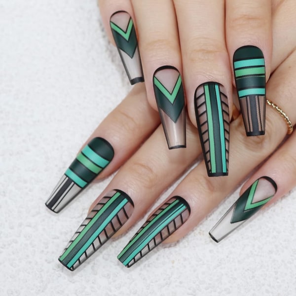 Matte Coffin Press on Nails Long Green Fake Nails Ballerina Plaid