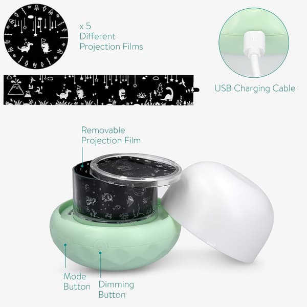 LED-projektor nattlys for baby, oppladbart med 5 projeksjonsmoduser