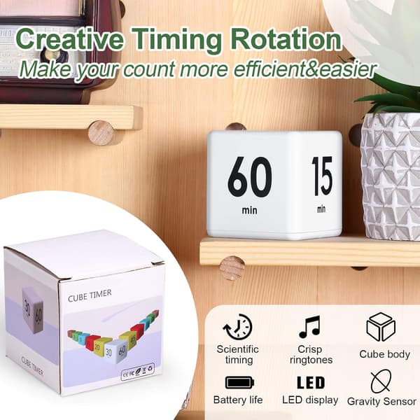 1 Styk Hvid Cube Timer, 15-20-30-60 Minutter til Tidsstyring, Cube Køkken Timer Gravitationssensor