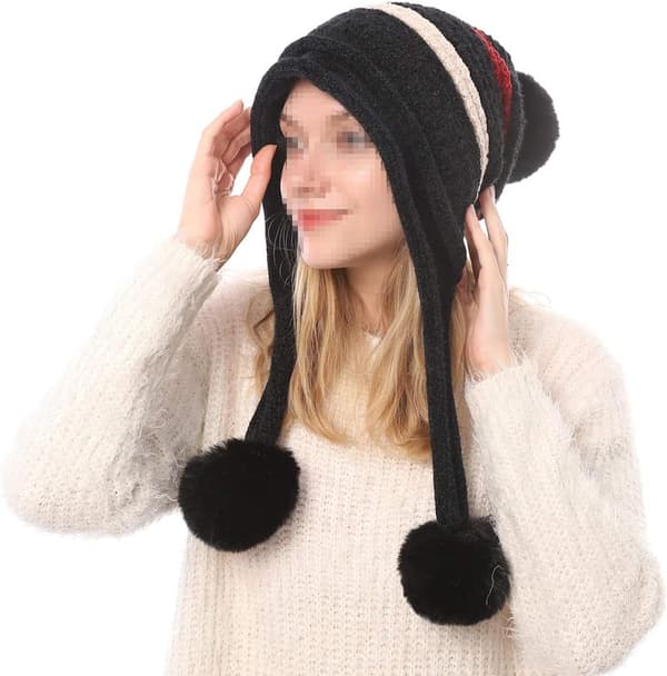 Strik Beanie med Peruviansk Pom Pom Hat Ørelap Vinterhatte til Kvinder