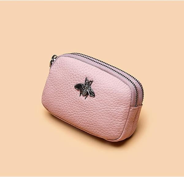 Ægte Læder Møntpung (Pink) til Kvinder - Dobbelt Lynlås Bi