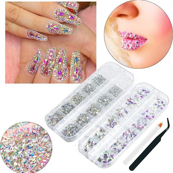 1 lådor flerfärgade nagelstrass med fint glitterkit, olika former nagelstenar med S4-S16 flatback Rou