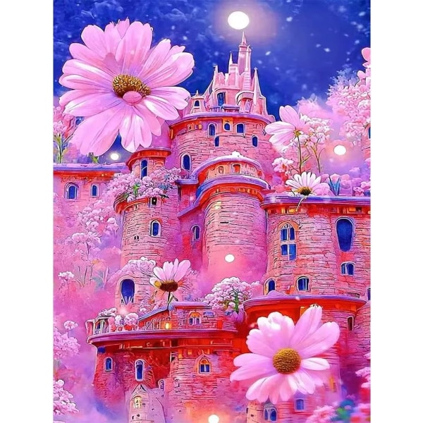 (30 x 40 cm, Pink Flower Castle) Diamantbroderisæt, Cross St