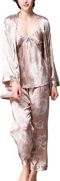 Langærmede Silke Pyjamas til Kvinder - Sexy Komfort Tredelt (Kamel-M)