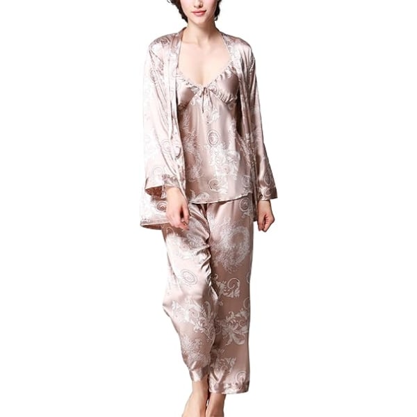 Langærmet silkepyjamas til kvinder Sexy Comfort tredelt（kamel-
