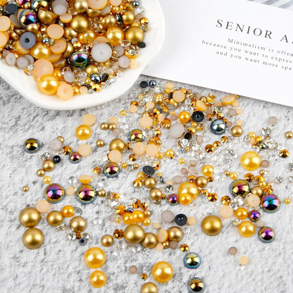 (Guld) 100g Gradient Halve Perler og Diamanter, 3mm-10mm Halvrunde Flad Bagside Perleperler Resin Imitati