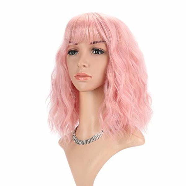 Curly Wavy Wig Kort Bob Peruk Hot Pink Kvinnors Kort Peruk med Ban
