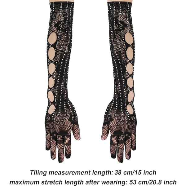 Par sorte handsker med diamantroset, 40 cm lange med rose p