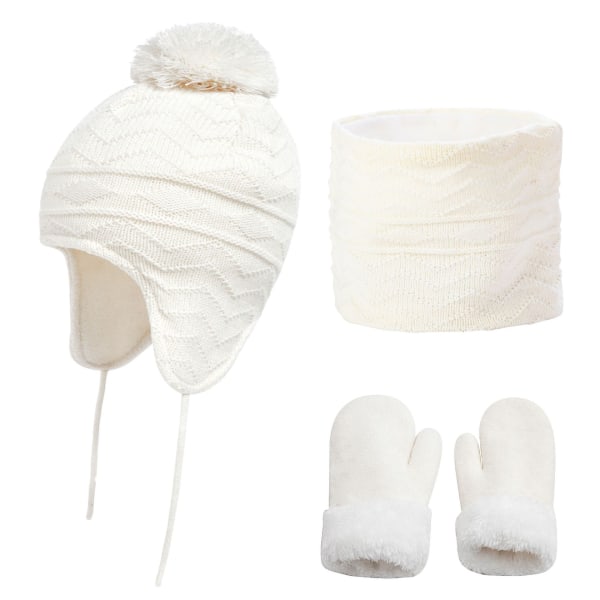 Børne tørklæde og handsker sæt - 3 stk Pom Pom vinterhatte (hvide S)