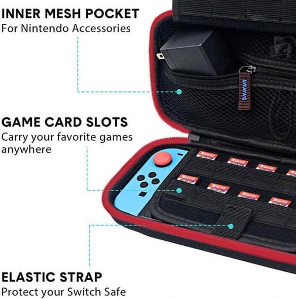 Nintendo Switch Spilletui (Rød Lynlås), Ninetendo Switch Oled Etui med 20 Kortpladser, Switch Tilbehør