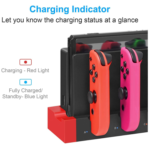 (Svart og Rød) Ladestasjon for Joycon Nintendo Switch & OLED - Lader opptil 4 kontrollere, kompatibel med Switch og Switch OLED-modell
