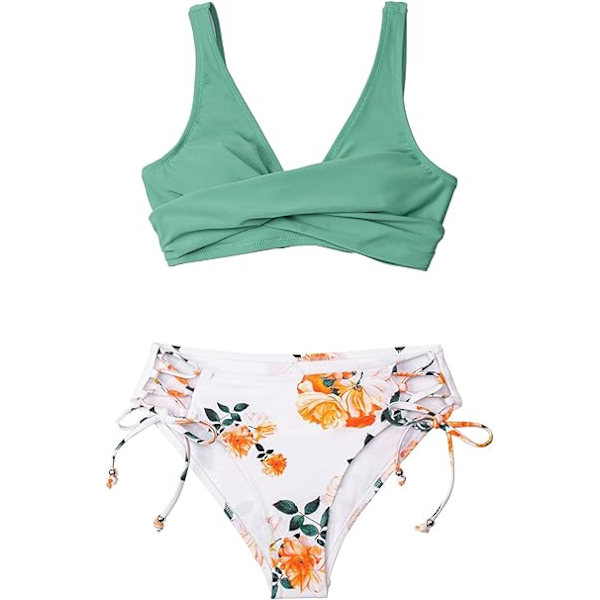 Dam Bikinitop med Rynkad Twist & Blommigt Mönster, Snörning, 2-delad