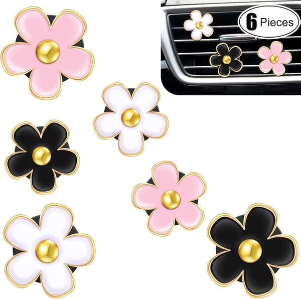 (Sort, Pink, Hvid, 3cm, 3.3cm) 6 stk. Daisy Blomst Luftventil Clips Luftfrisker Luftventil Clips Bil Aircondition
